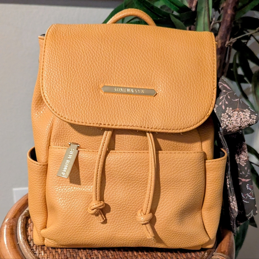 Steve Madden Tan Leather Backpack with Drawstring Closure